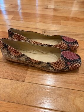 Vince Camuto Bicanna Pink & Brown Snake-Print Leather Ballet Flats
